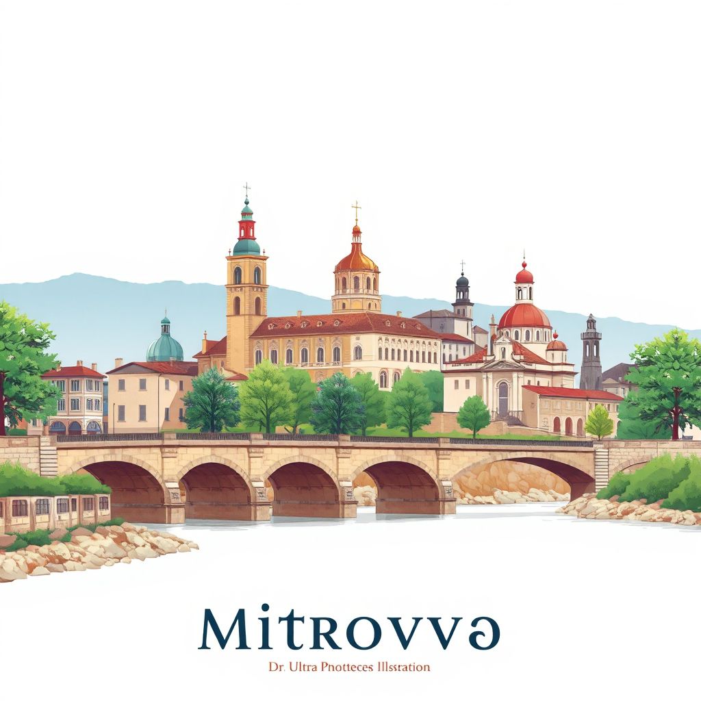 Ultra-high-definition gradient illustration style Mitrovica illustration, showing the unique charm of the New Bridge, the Miner's Monument, and the Church of St. Demetrius.