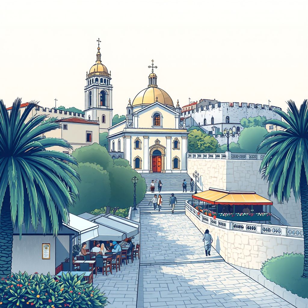 Ultra-high-definition gradient illustration style Kythrea illustration, showing the unique charm of the Church of Panagia Chrysopolitissa, the Venetian Walls.