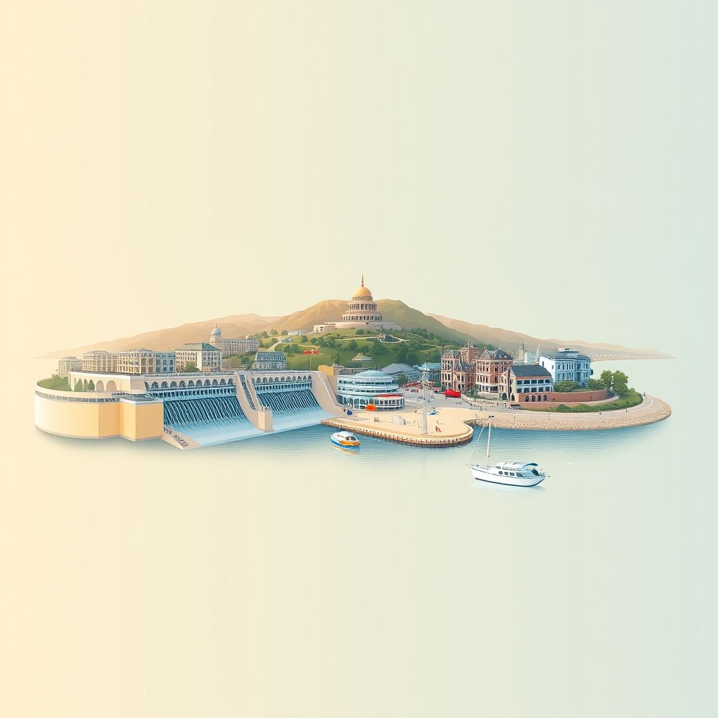 Ultra-high-definition gradient illustration style Germasogeia illustration, showing the unique charm of the Germasogeia Dam, the Germasogeia Beach, and the Germasogeia Lake.