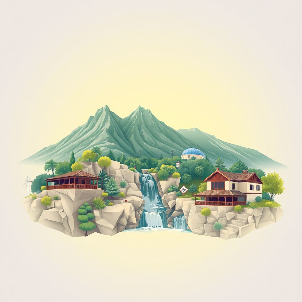 Ultra-high-definition gradient illustration style Pano Platres illustration, showing the unique charm of the Troodos Mountains, the Millomeris Waterfall, and traditional Cypriot tavernas.
