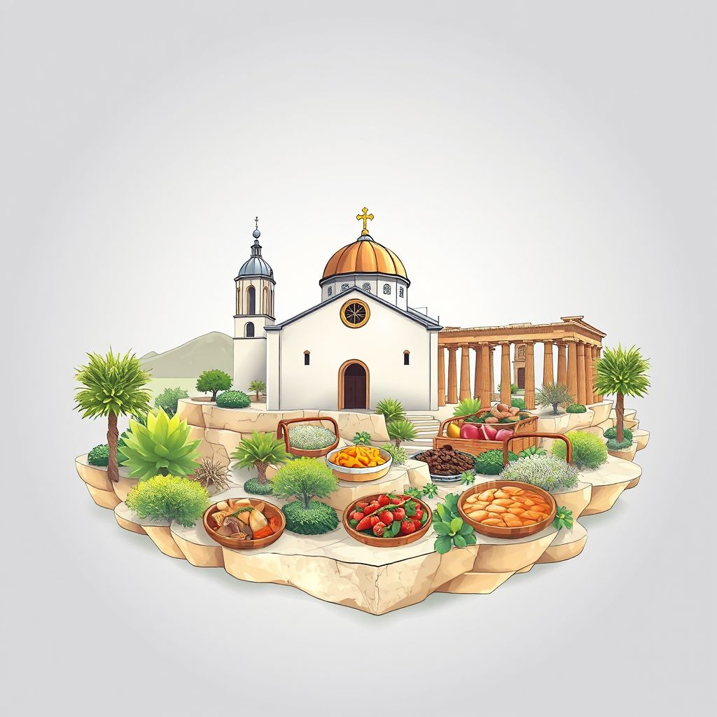 Ultra-high-definition gradient illustration style Foini illustration, showing the unique charm of the Church of Panagia Amasgou, the ancient ruins of Kourion.