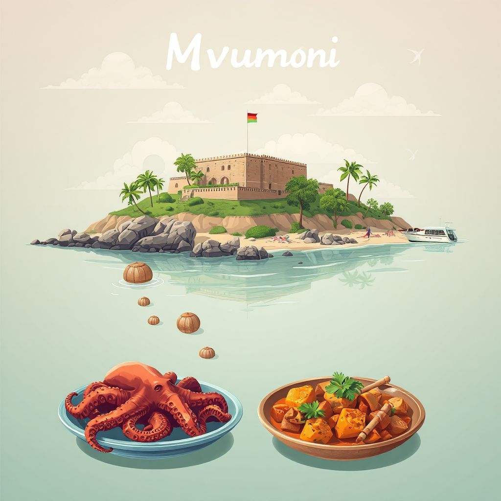 Ultra-high-definition gradient illustration of Mvumoni, featuring Chake Chake Fort, Pemba Island beaches, and octopus curry.