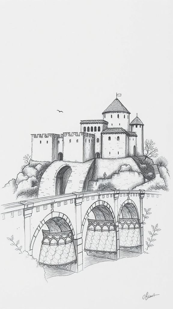 Pencil drawing of Berat, Albania, featuring the Berat Castle, Gorica Bridge, and tavë kosi.