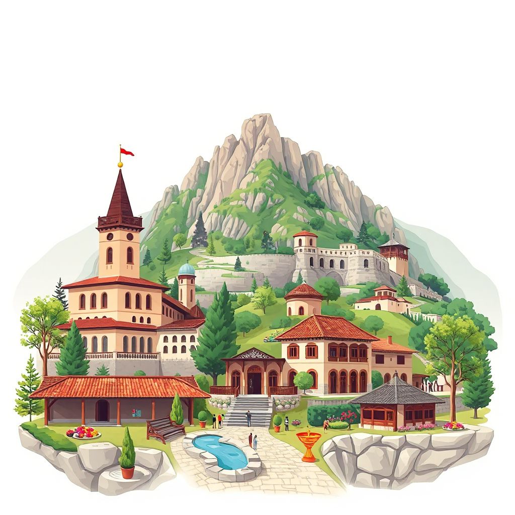 Ultra-high-definition gradient illustration style Bashkia Kucove illustration, showing the unique charm of the Tomorr National Park, the Ethnographic Museum, and traditional Albanian cuisine.