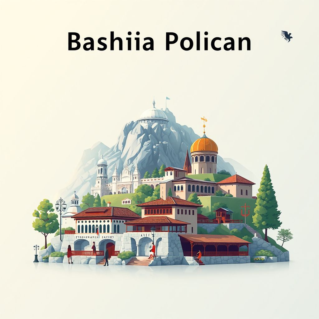 Ultra-high-definition gradient illustration style Bashkia Polican illustration, showing the unique charm of the Tomorr National Park and the Ethnographic Museum.