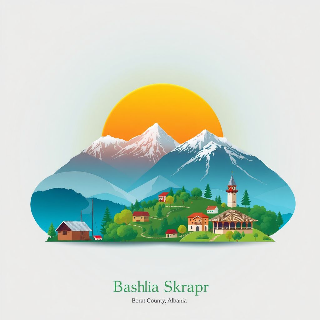 Ultra-high-definition gradient illustration style Bashkia Skrapar illustration, showing the unique charm of Tomorr National Park and Tavë Kosi.
