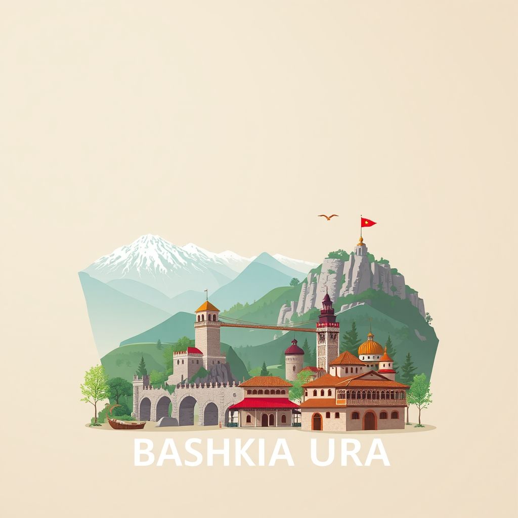 Ultra-high-definition gradient illustration style Bashkia Ura Vajgurore illustration, showing the unique charm of the Tomorr National Park and the historic Gorica Bridge.