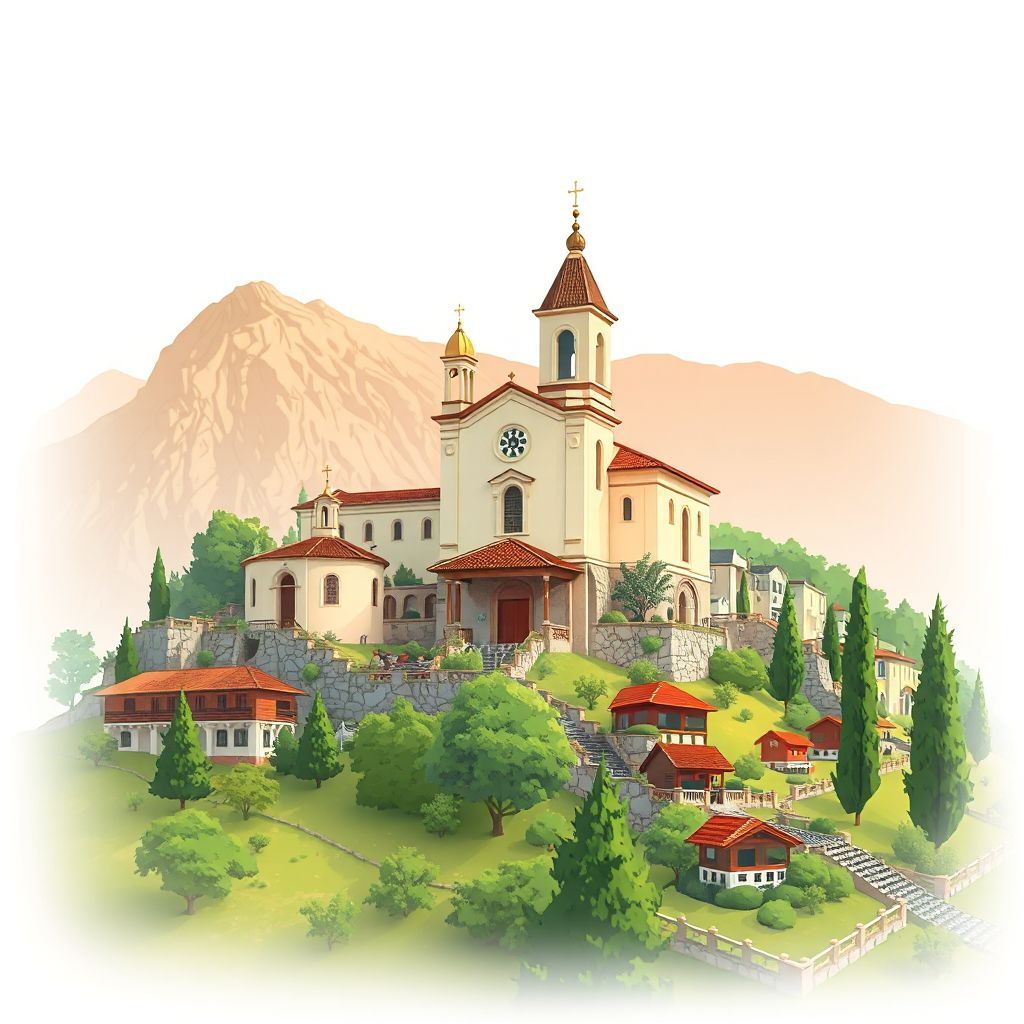 Ultra-high-definition gradient illustration style Bashkia Klos illustration, showing the unique charm of the Church of St. Mary and Tavë Kosi.