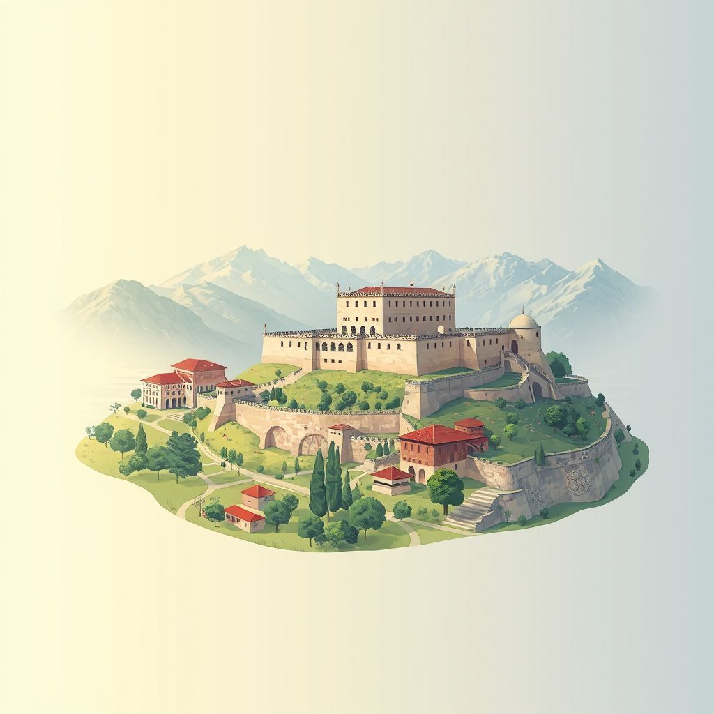 Ultra-high-definition gradient illustration style Bashkia Mat illustration, showing the unique charm of the Diber Castle and the Diber Valley.