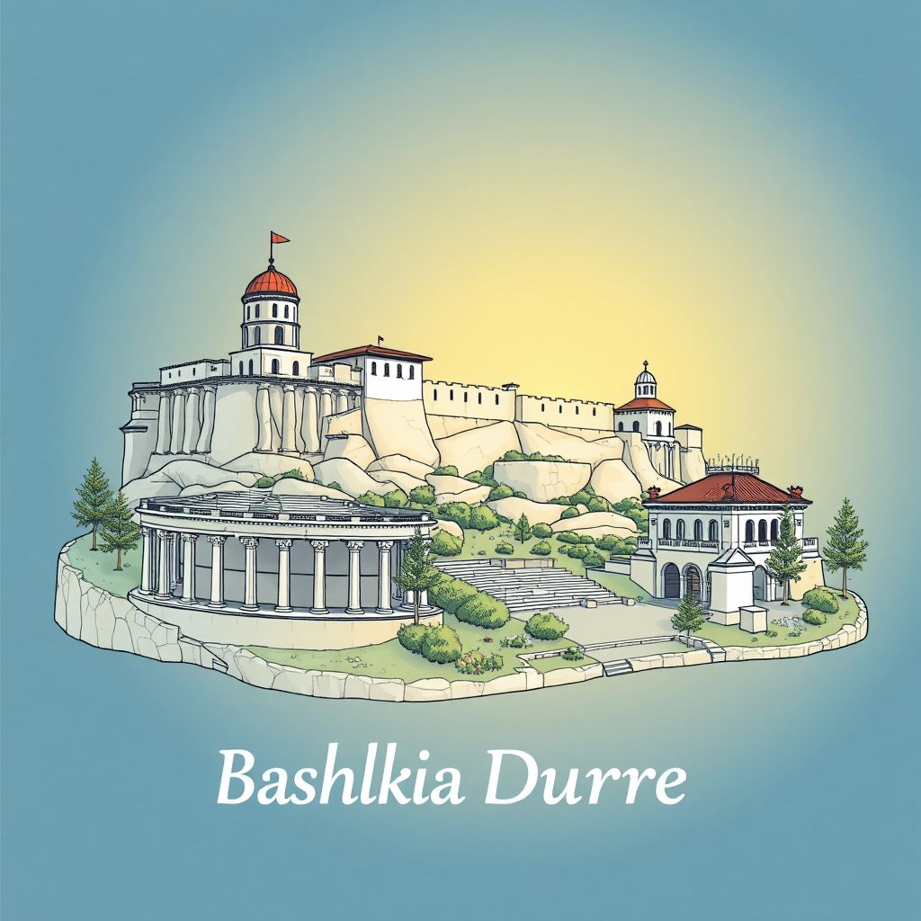 Ultra-high-definition gradient illustration style Bashkia Durres image, showing the unique charm of the Durres Amphitheater, the Durres Castle.