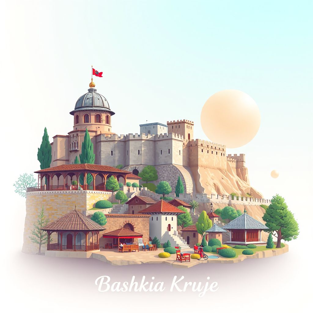 Ultra-high-definition gradient illustration style Bashkia Kruje illustration, showing the unique charm of the Skanderbeg Museum, the Kruja Castle.