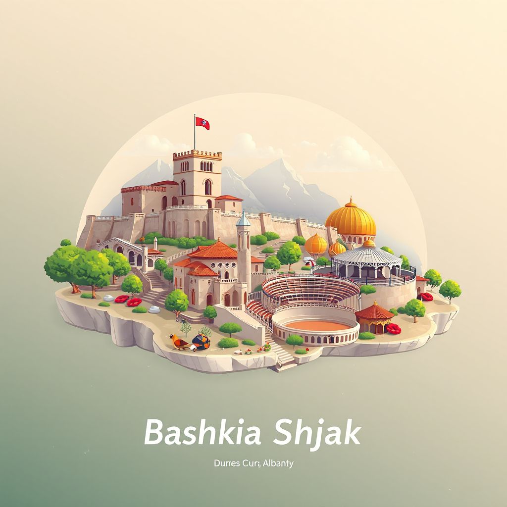 Ultra-high-definition gradient illustration style Bashkia Shijak illustration, showing the unique charm of the Shijak Castle, the Durres Amphitheater, and traditional Albanian cuisine.