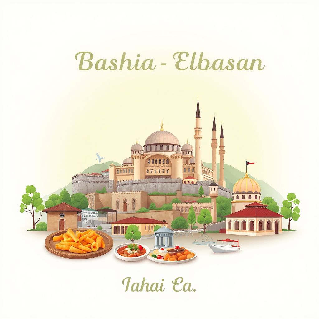 Ultra-high-definition gradient illustration style Bashkia Elbasan illustration, showing the unique charm of the Elbasan Castle, the Mosque of King Bayezid II, and Tavë Kosi.