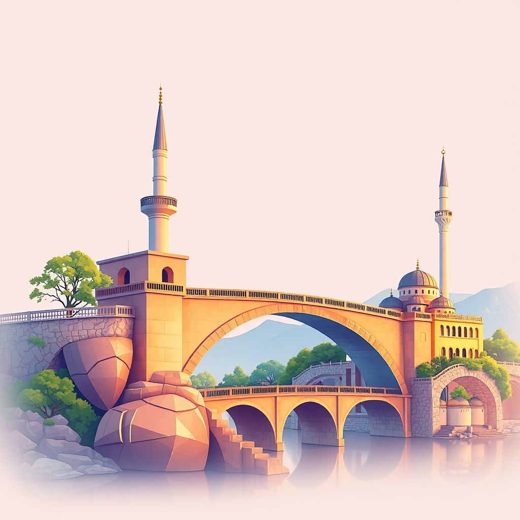 Ultra-high-definition gradient illustration style Bashkia Belsh illustration, showing the unique charm of the Shehri Bridge and the historic Shehri Mosque.