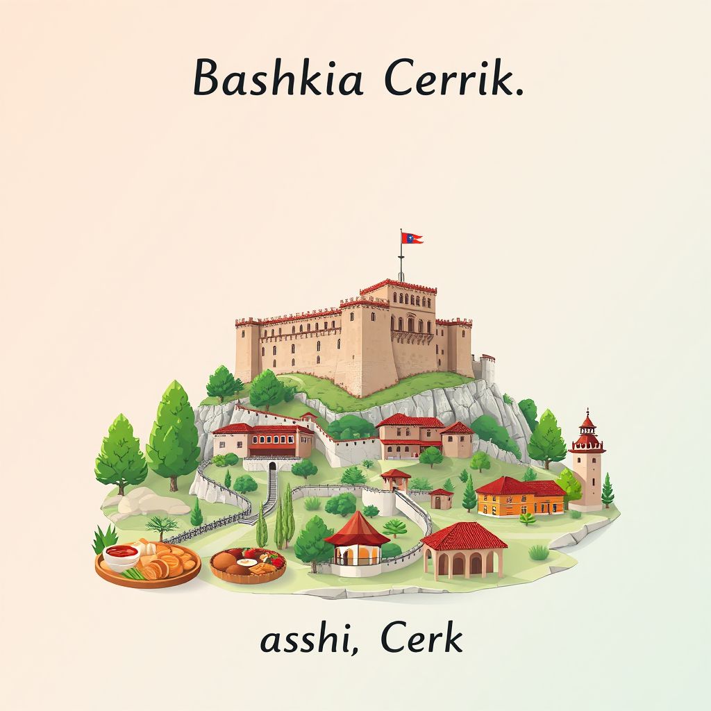 Ultra-high-definition gradient illustration style Bashkia Cerrik illustration, showing the unique charm of the Cerrik Castle and Tavë Kosi.