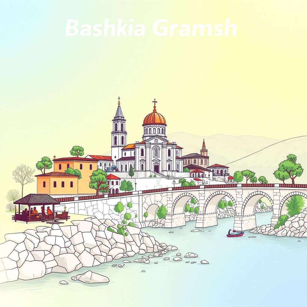 Ultra-high-definition gradient illustration style Bashkia Gramsh illustration, showing the unique charm of the Church of St. Mary, the historic bridge over the Devoll River.