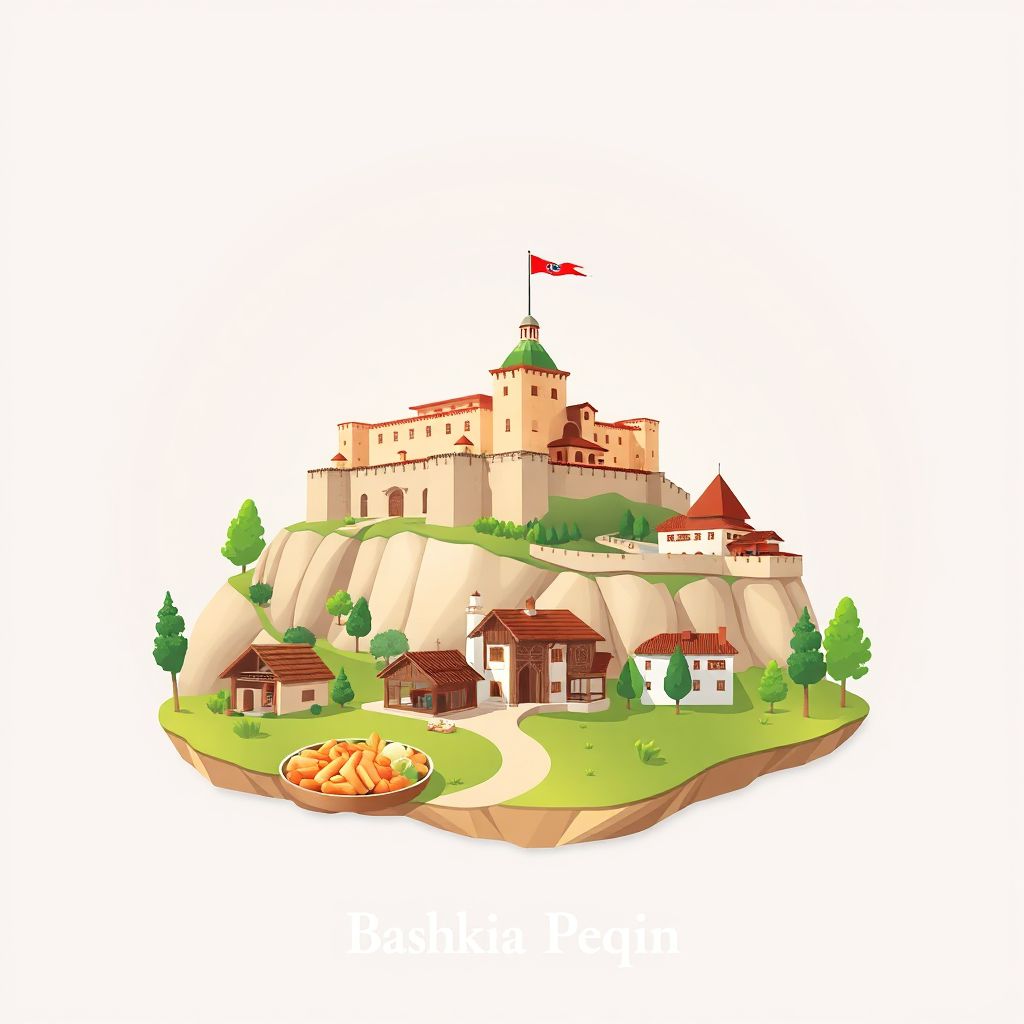 Ultra-high-definition gradient illustration style Bashkia Peqin illustration, showing the unique charm of the Peqin Castle and Tavë Kosi.