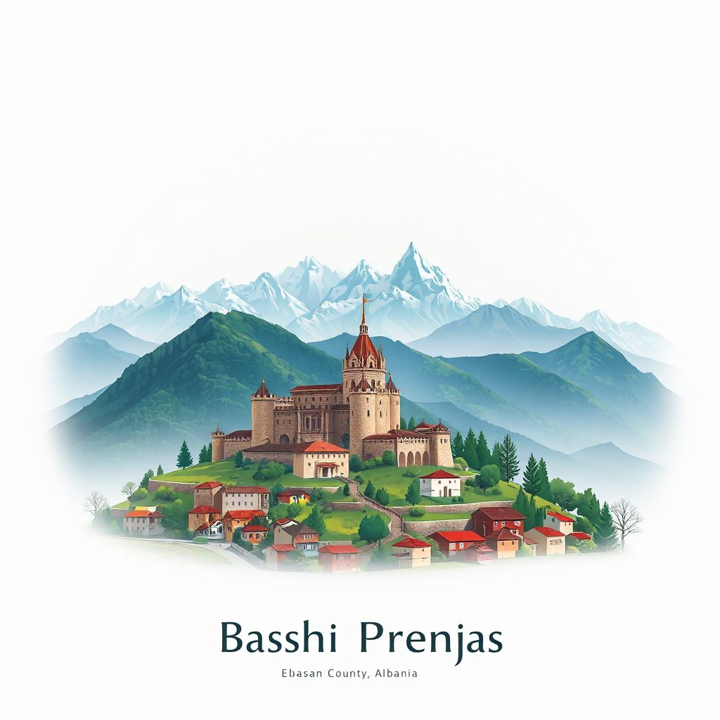 Ultra-high-definition gradient illustration style Bashkia Prrenjas illustration, showing the unique charm of the Prrenjas Castle and the surrounding mountains.