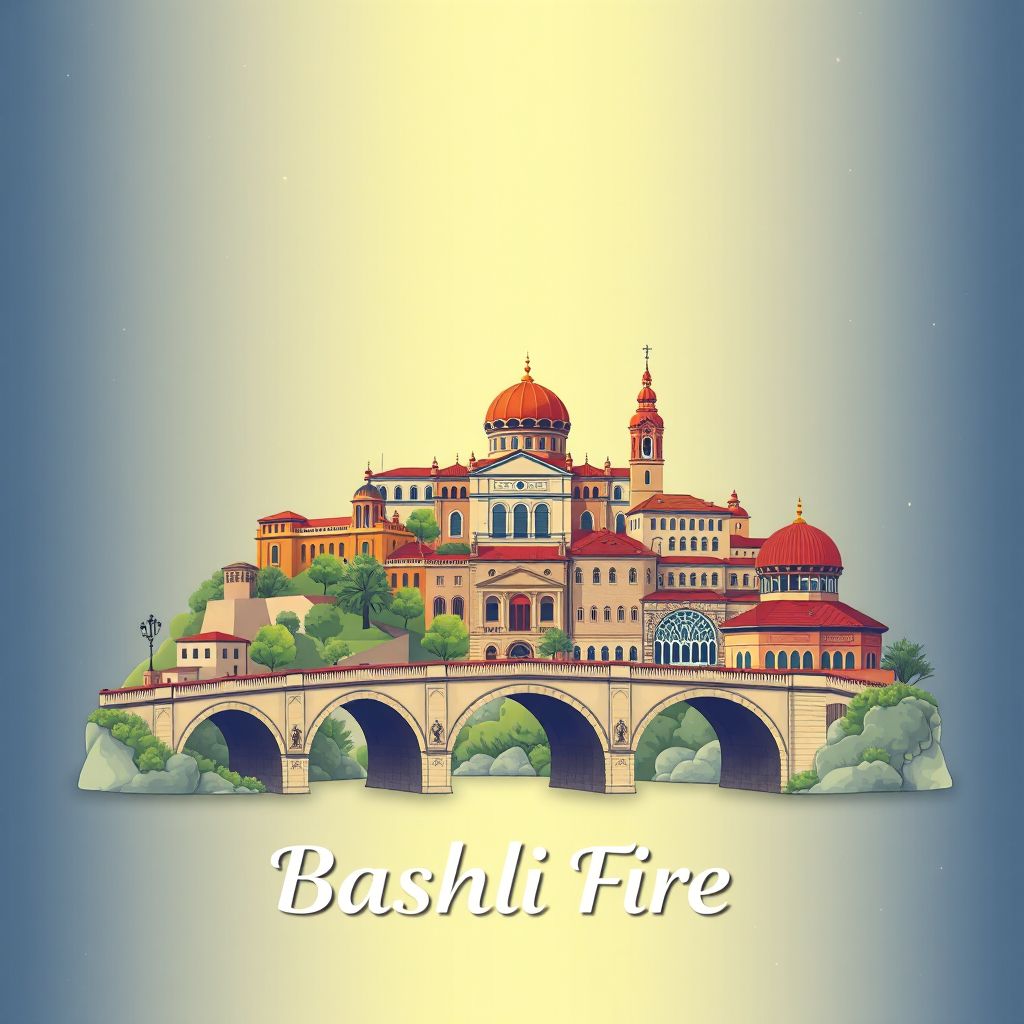 Ultra-high-definition gradient illustration style Bashkia Fier illustration, showing the unique charm of the Fier Cathedral, the Fier Bridge, and the Fier Museum.