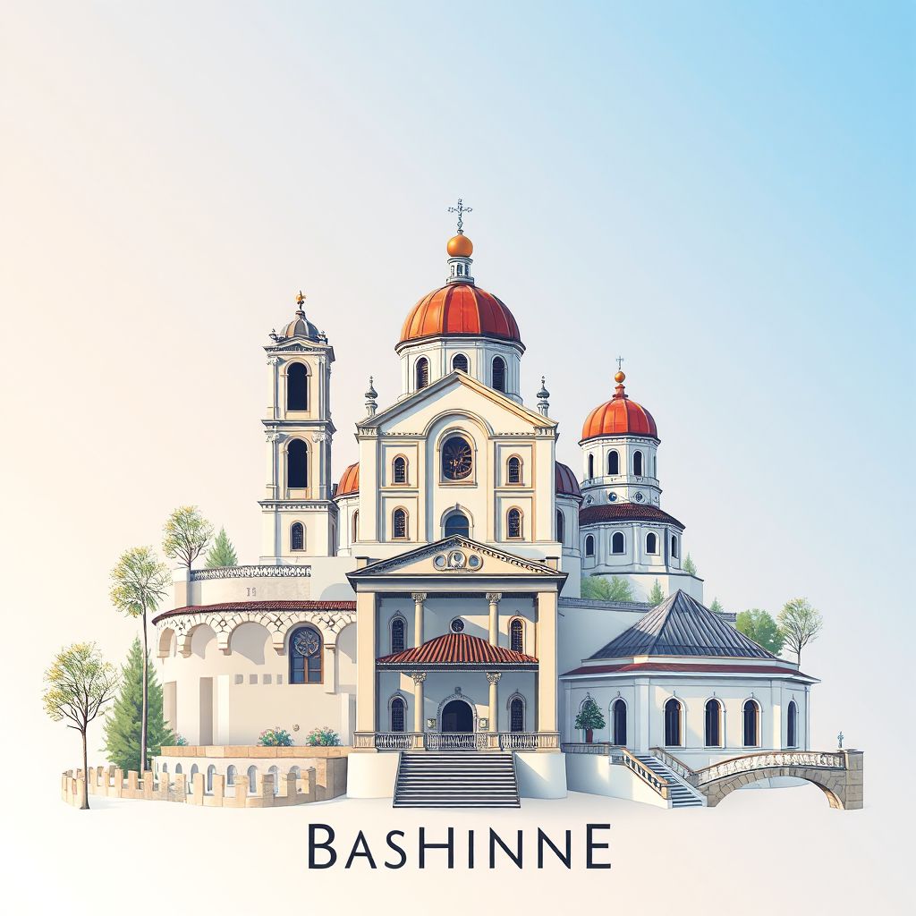 Ultra-high-definition gradient illustration style Bashkia Lushnje illustration, showing the unique charm of the Church of Saint Anthony of Padua and the Lushnje Museum.