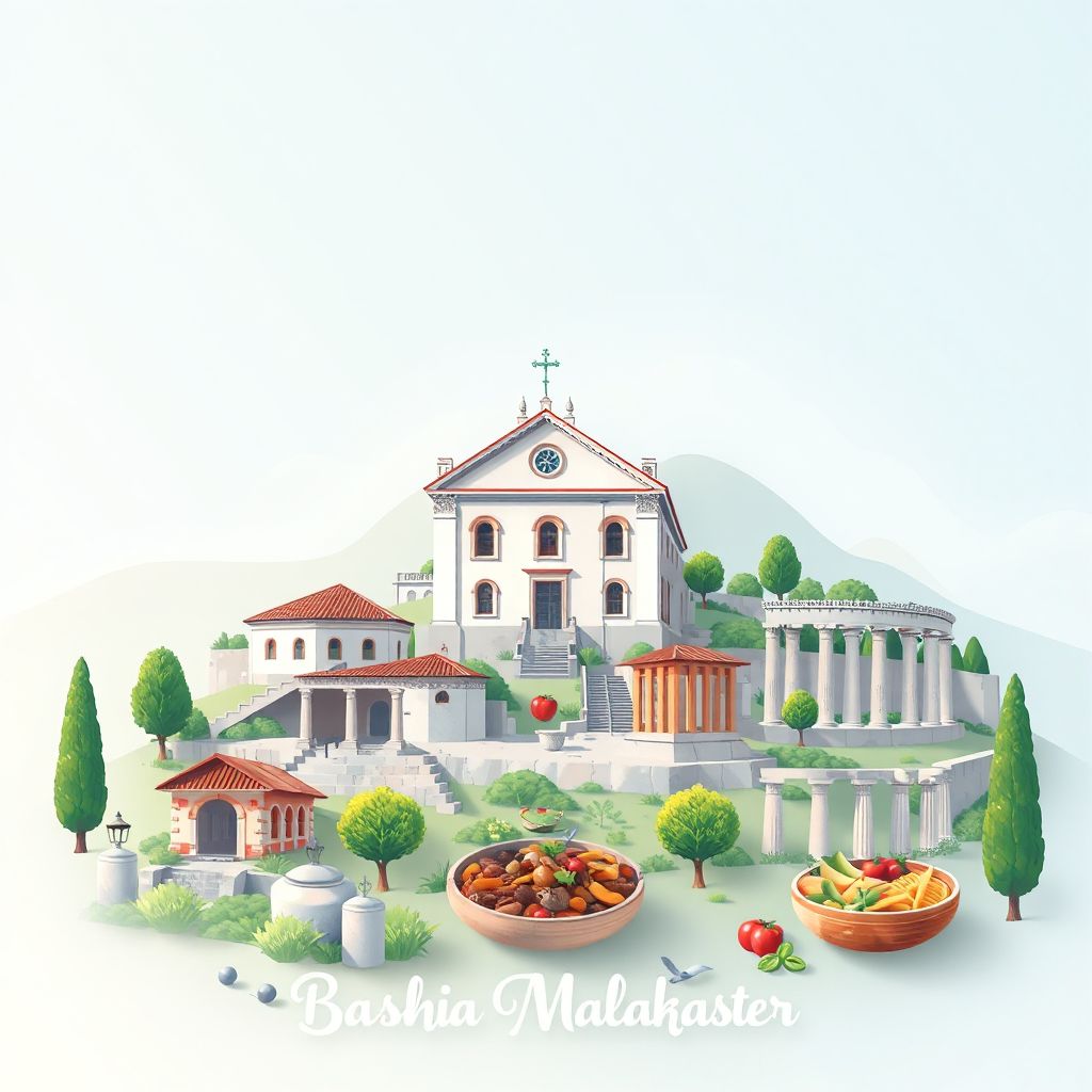 Ultra-high-definition gradient illustration style Bashkia Mallakaster illustration, showing the unique charm of the Church of St. Mary, the historic ruins of Apollonia, and traditional Albanian cuisine.