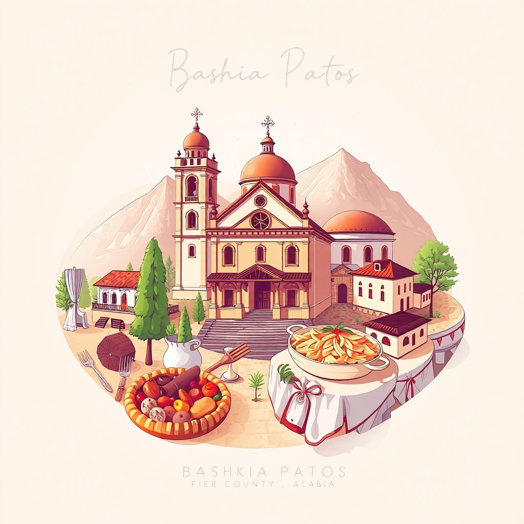 Ultra-high-definition gradient illustration style Bashkia Patos illustration, showing the unique charm of the Church of Saint Anthony of Padua and Tavë Kosi.
