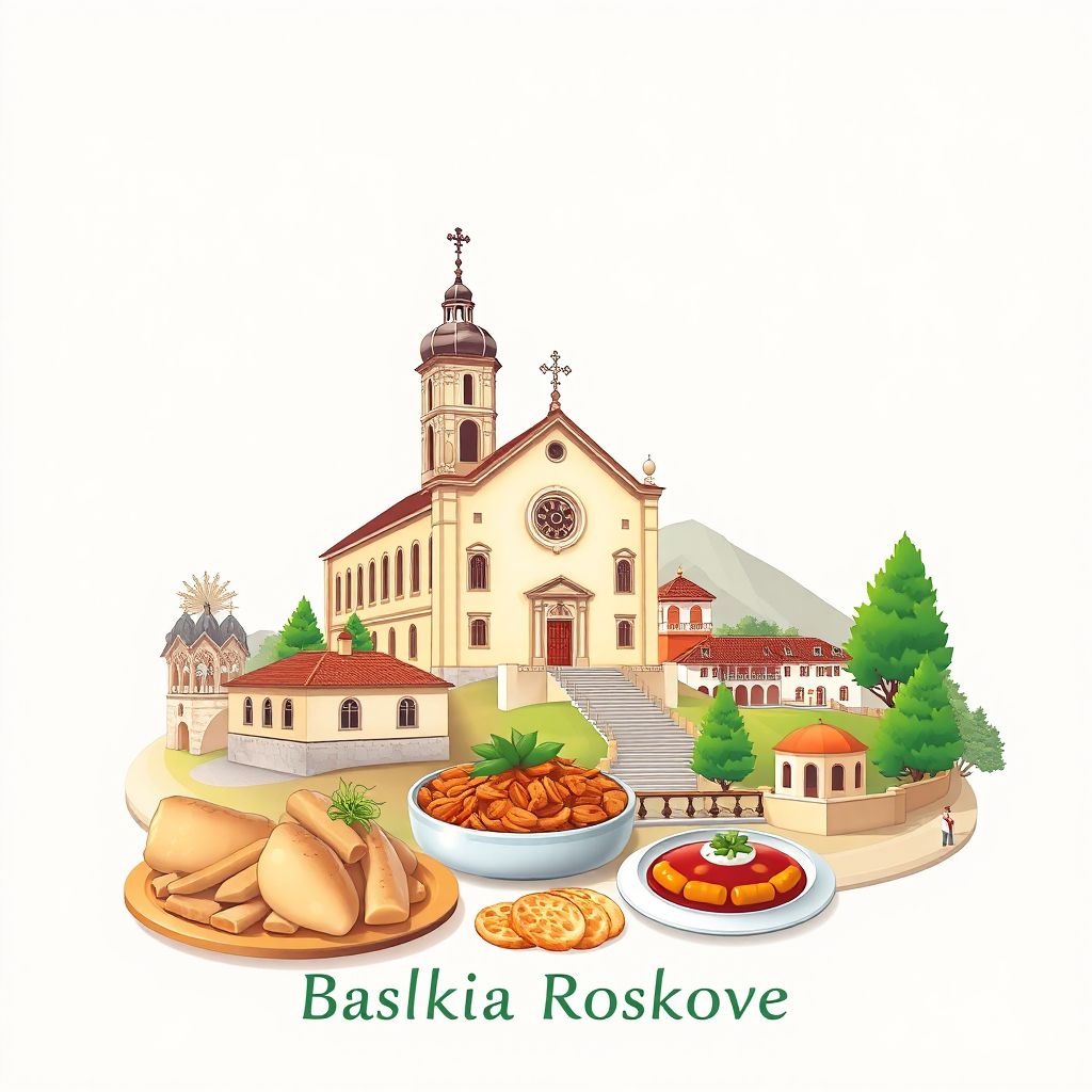 Ultra-high-definition gradient illustration style Bashkia Roskovec illustration, showing the unique charm of the Church of St. Anthony of Padua, and the local traditional Albanian dishes, like Fëgesë.
