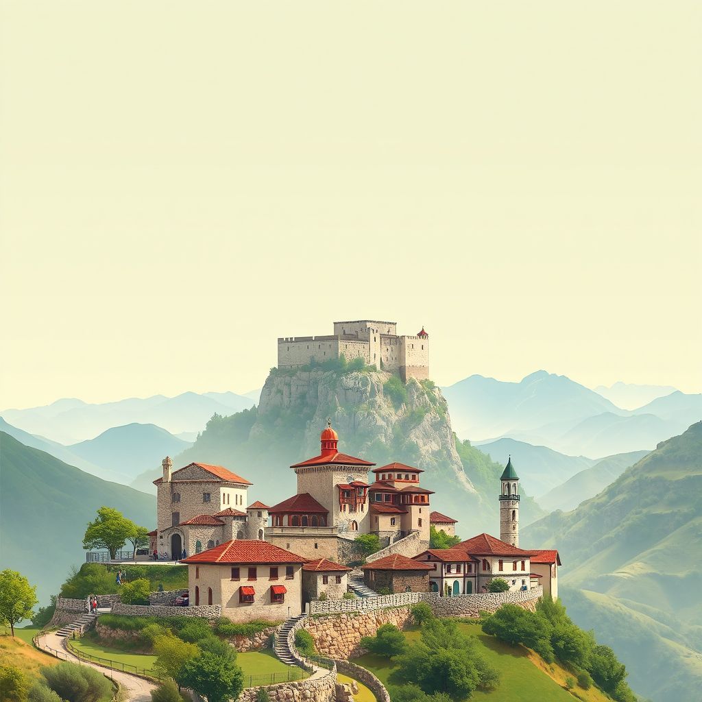 Ultra-high-definition gradient illustration style Bashkia Dropull illustration, showing the unique charm of the Dropull Castle, traditional stone houses, and the Dropull Valley.