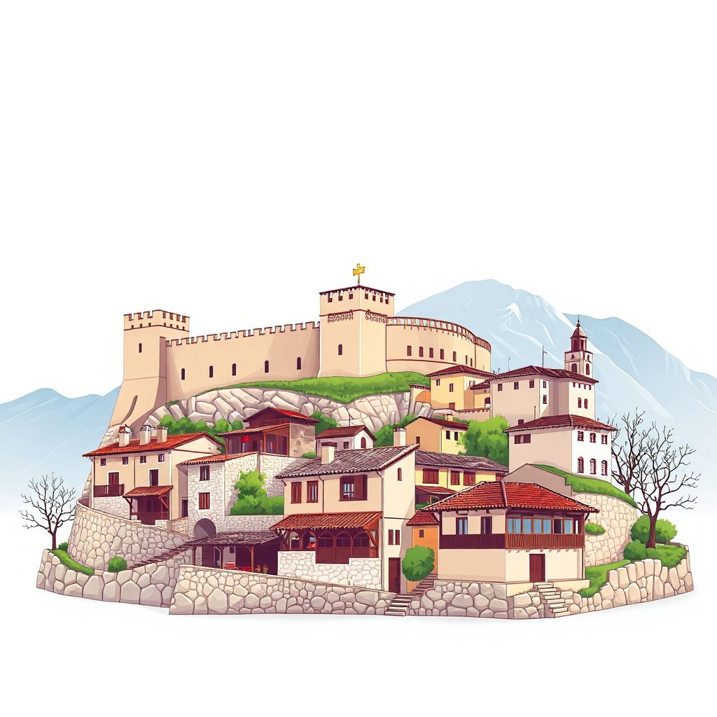 Ultra-high-definition gradient illustration style Bashkia Gjirokaster illustration, showing the unique charm of the Gjirokaster Castle, the Ethnographic Museum, and traditional stone houses.