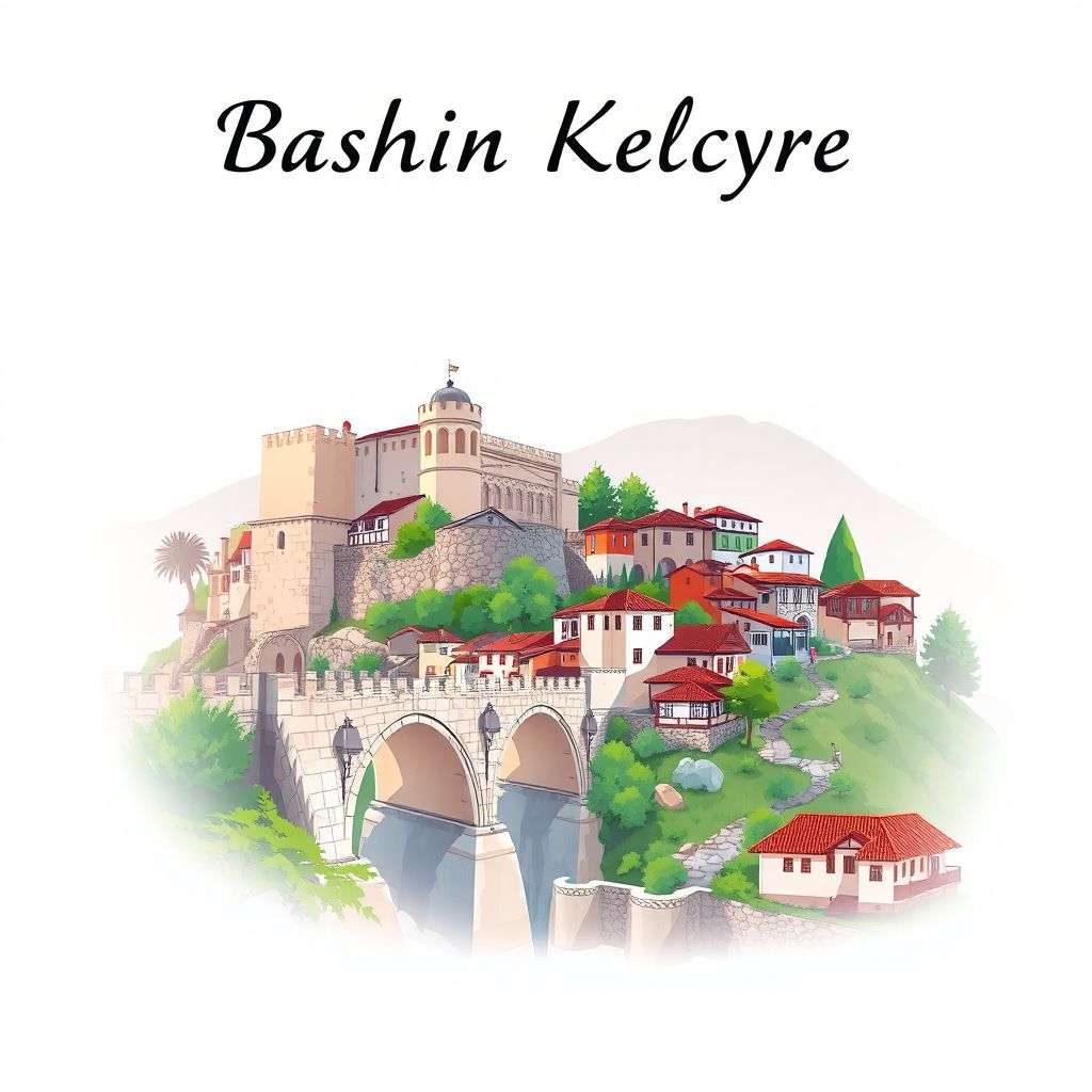 Ultra-high-definition gradient illustration style Bashkia Kelcyre illustration, showing the unique charm of the Kelcyre Castle, the Kelcyre Bridge, and traditional stone houses.