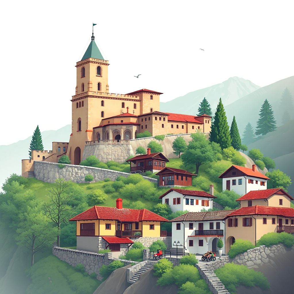 Ultra-high-definition gradient illustration style Bashkia Libohove illustration, showing the unique charm of the Libohove Castle and traditional Albanian houses.