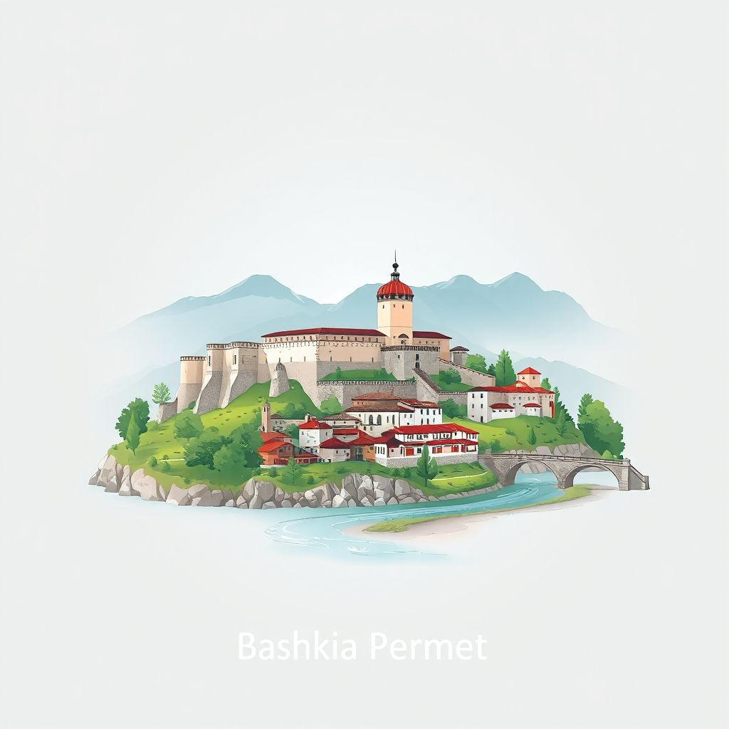 Ultra-high-definition gradient illustration style Bashkia Permet illustration, showing the unique charm of the Permet Castle and the Drino River.