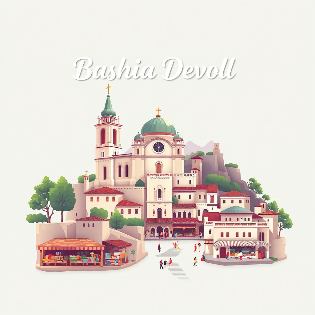 Ultra-high-definition gradient illustration style Bashkia Devoll illustration, showing the unique charm of the Church of Saint Mary and the Old Bazaar.