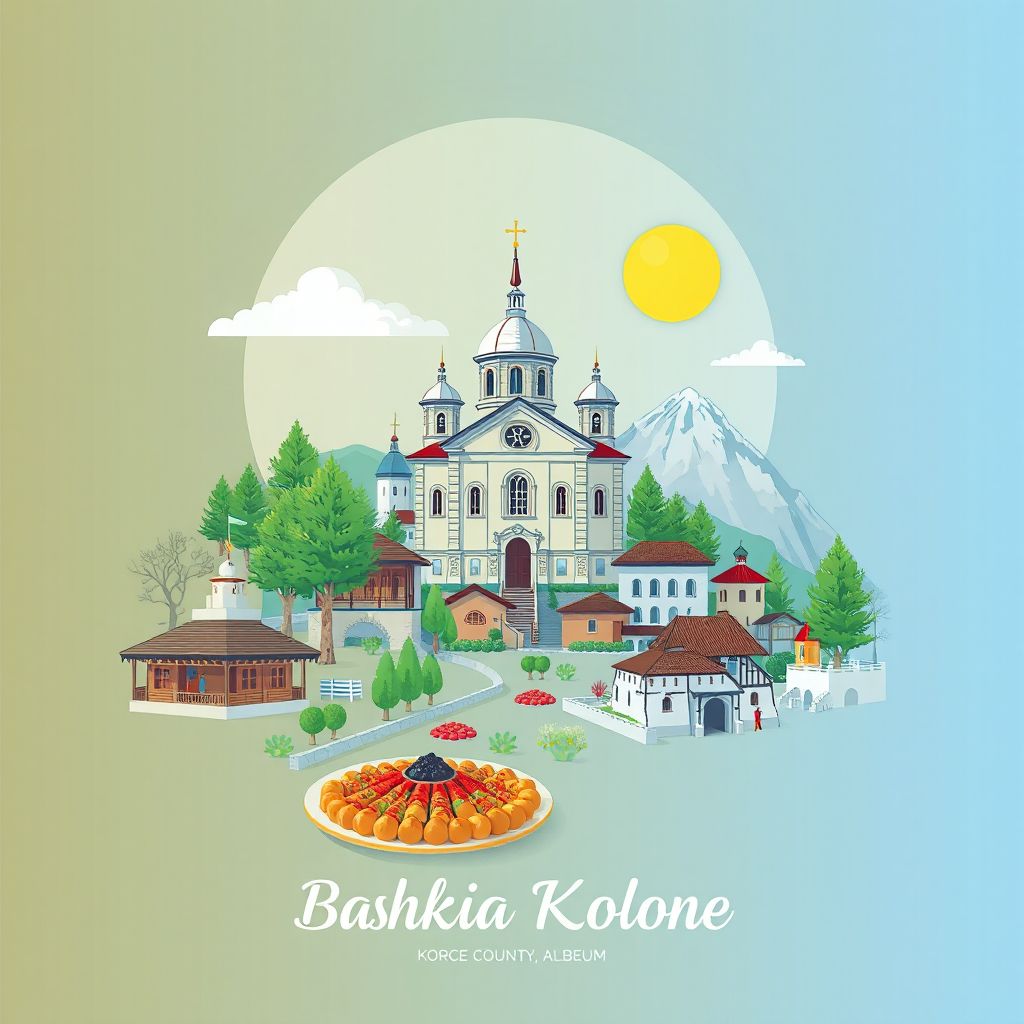 Ultra-high-definition gradient illustration style Bashkia Kolonje illustration, showing the unique charm of the Church of Saint Mary, the Korce Ethnographic Museum, and Tavë Kosi.