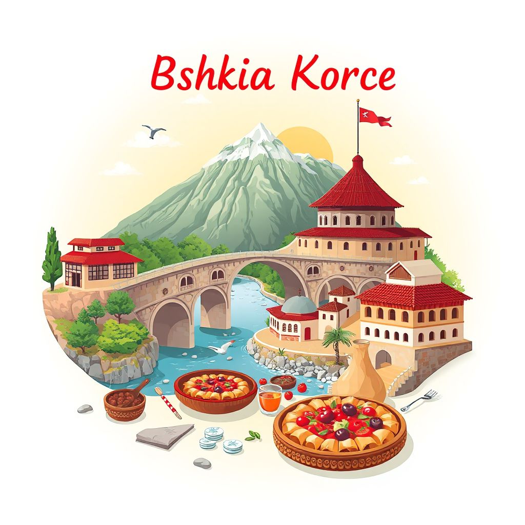 Ultra-high-definition gradient illustration style Bashkia Korce illustration, showing the unique charm of the Miradi Bridge and the Korce Ethnographic Museum.