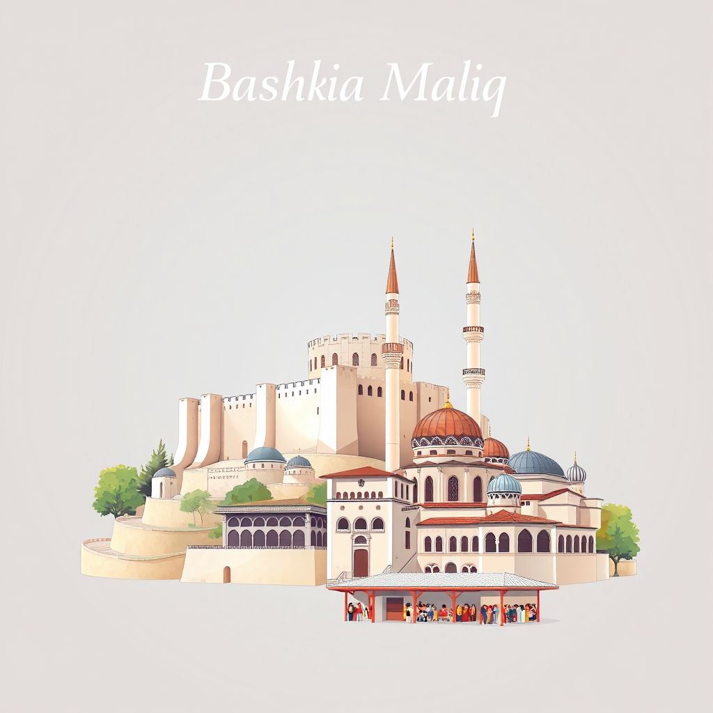Ultra-high-definition gradient illustration style Bashkia Maliq illustration, showing the unique charm of the Maliq Castle, the Maliq Mosque, and the Maliq Market.