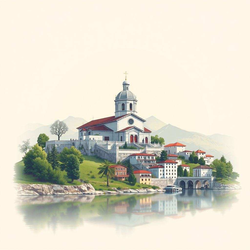 Ultra-high-definition gradient illustration style Bashkia Pogradec illustration, showing the unique charm of the Church of Saint Mary, and the Pogradec Lake.