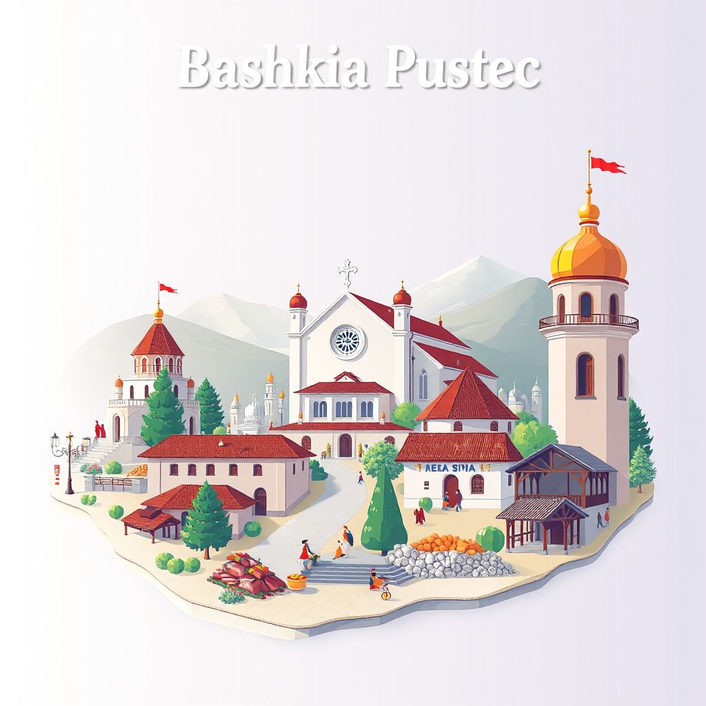 Ultra-high-definition gradient illustration style Bashkia Pustec illustration, showing the unique charm of the Church of Saint Mary, the Korce Ethnographic Museum, and Tavë Kosi.