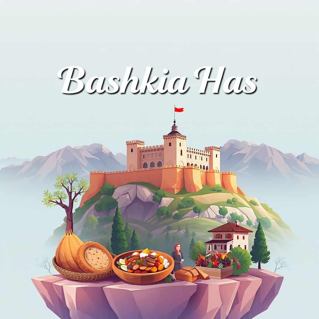Gradient illustration of Bashkia Has, featuring Kukes Castle and Tavë Kukës.