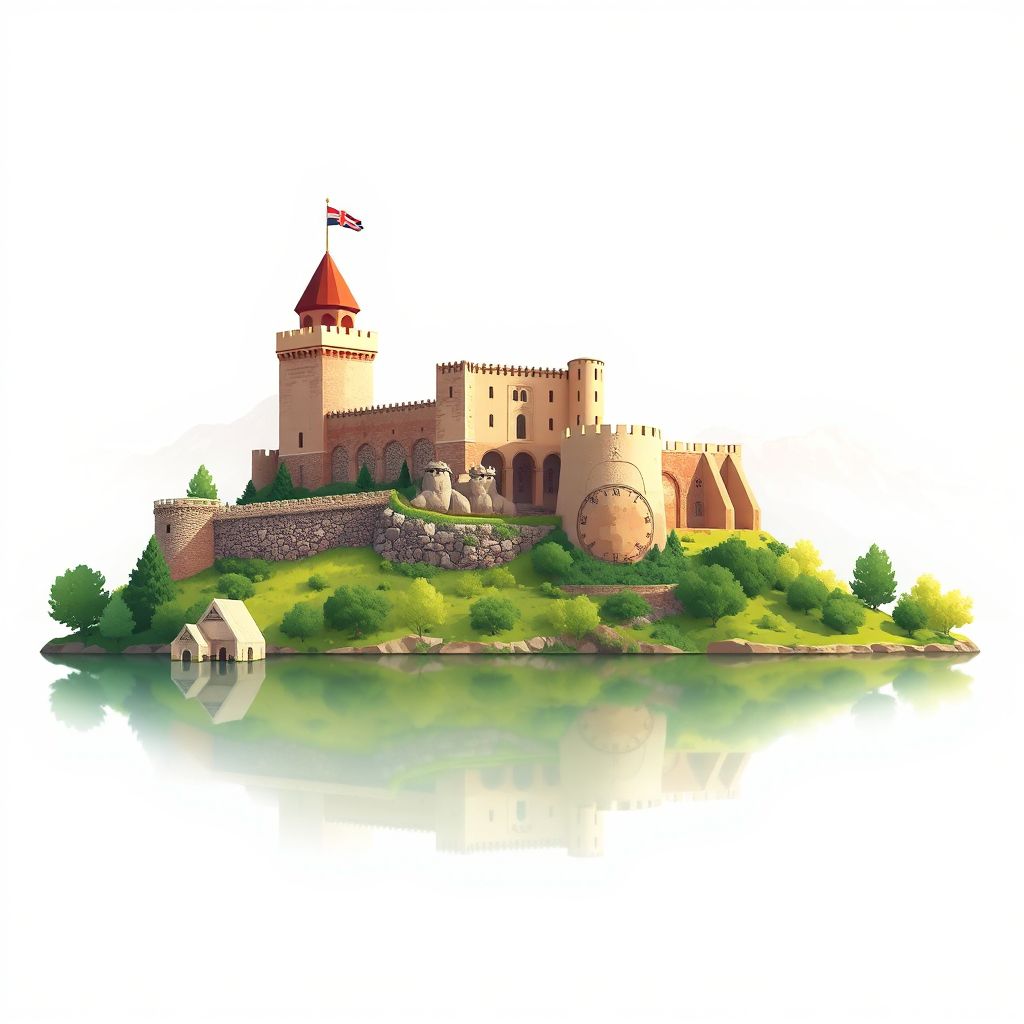 Ultra-high-definition gradient illustration style Bashkia Kukes illustration, showing the unique charm of the Kukes Castle and the Kukes Lake.