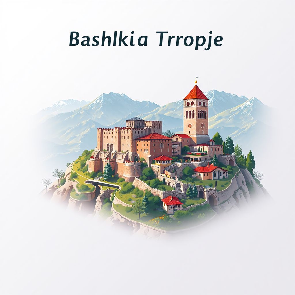 Ultra-high-definition gradient illustration style Bashkia Tropoje illustration, showing the unique charm of the Tropoje Castle and the Valbona Valley.