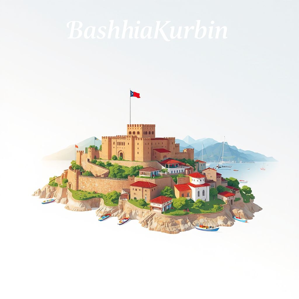 Ultra-high-definition gradient illustration style Bashkia Kurbin illustration, showing the unique charm of the Kurbin Castle and the Adriatic Sea.