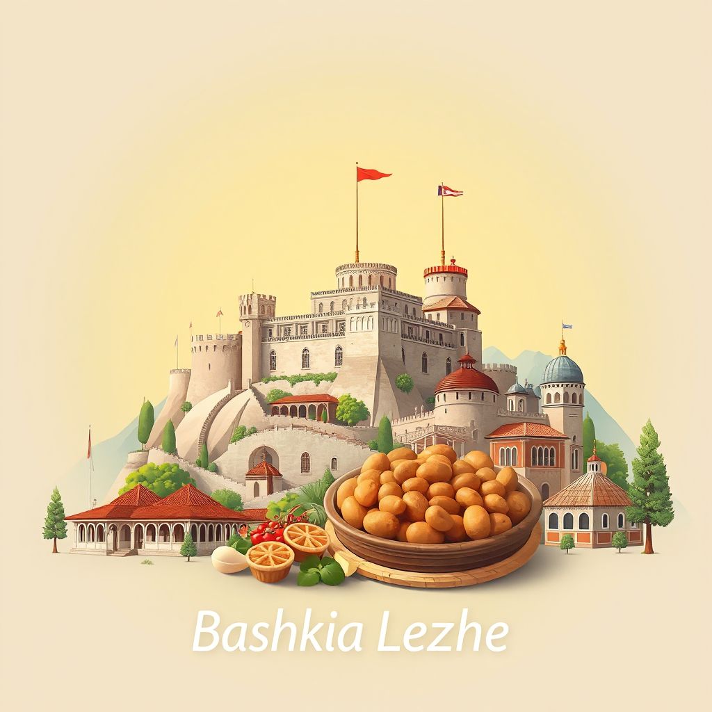 Ultra-high-definition gradient illustration style Bashkia Lezhe illustration, showing the unique charm of the Lezha Castle, the Skanderbeg Museum, and Tavë Kosi.