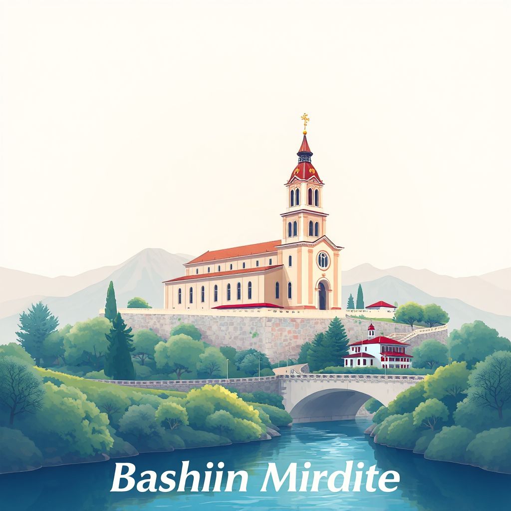 Ultra-high-definition gradient illustration style Bashkia Mirdite illustration, showing the unique charm of the Church of St. Anthony of Padua and the Drin River.