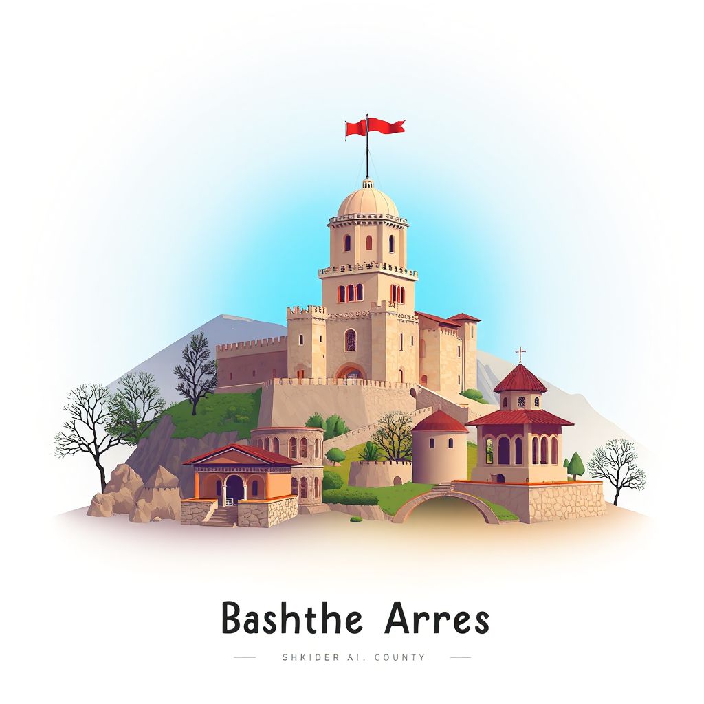Ultra-high-definition gradient illustration style Bashkia Fushe Arres image, showing the unique charm of the Rozafa Castle, the Marubi Museum, and Tavë Kosi.