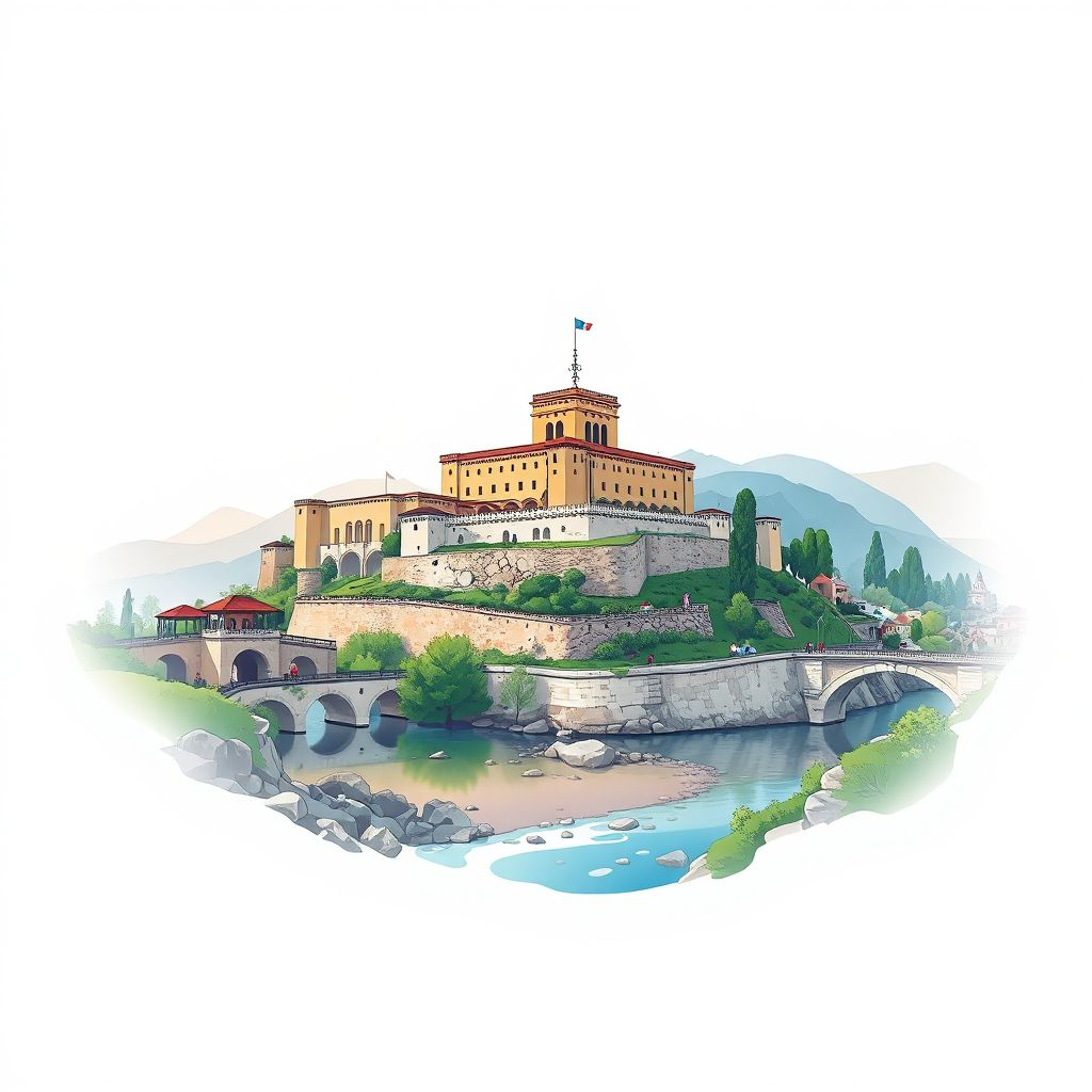 Ultra-high-definition gradient illustration style Bashkia Malesi e Madhe illustration, showing the unique charm of the Rozafa Castle, and the Drin River.