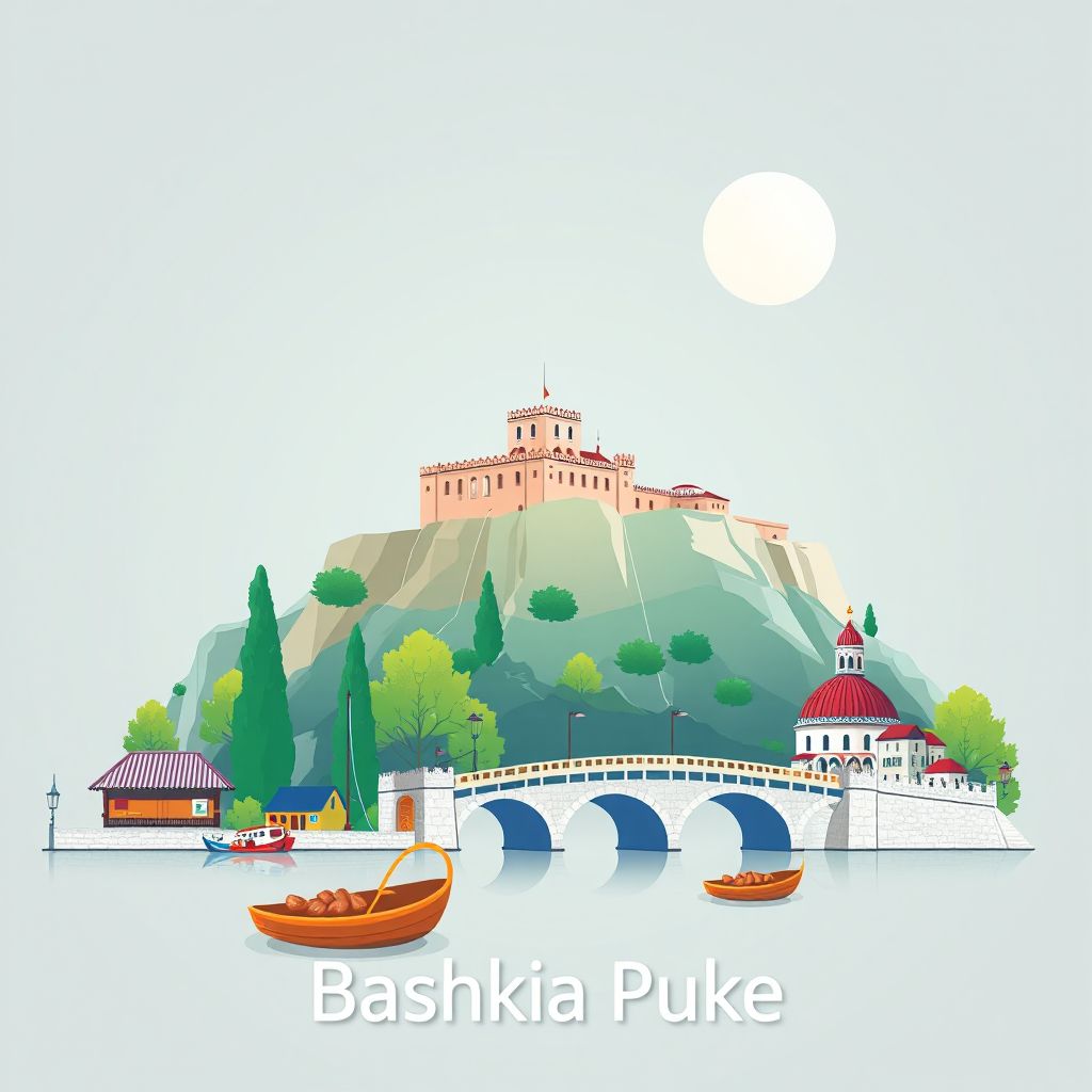 Ultra-high-definition gradient illustration style Bashkia Puke illustration, showing the unique charm of the Rozafa Castle, the Mesi Bridge, and Tavë Kosi.