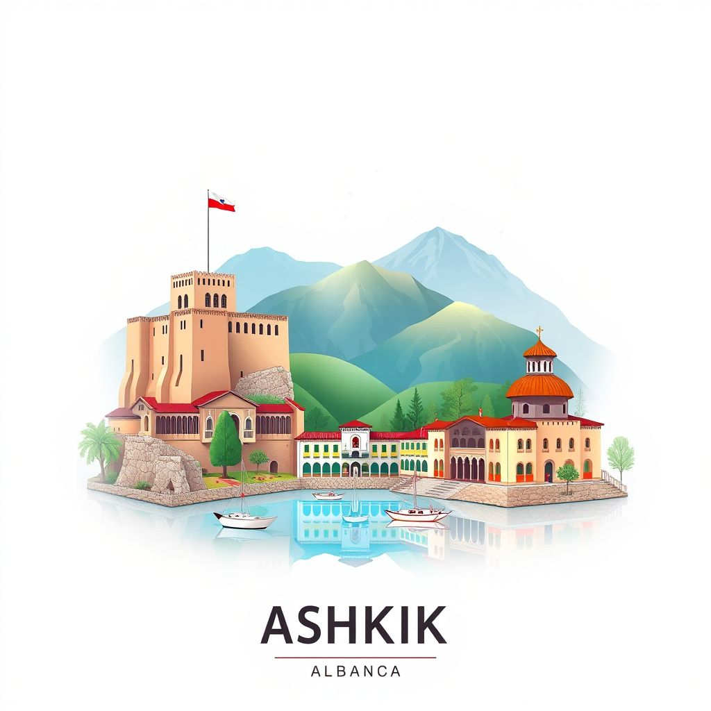 Ultra-high-definition gradient illustration of Bashkia Shkoder, featuring Rozafa Castle and Shkoder Lake.
