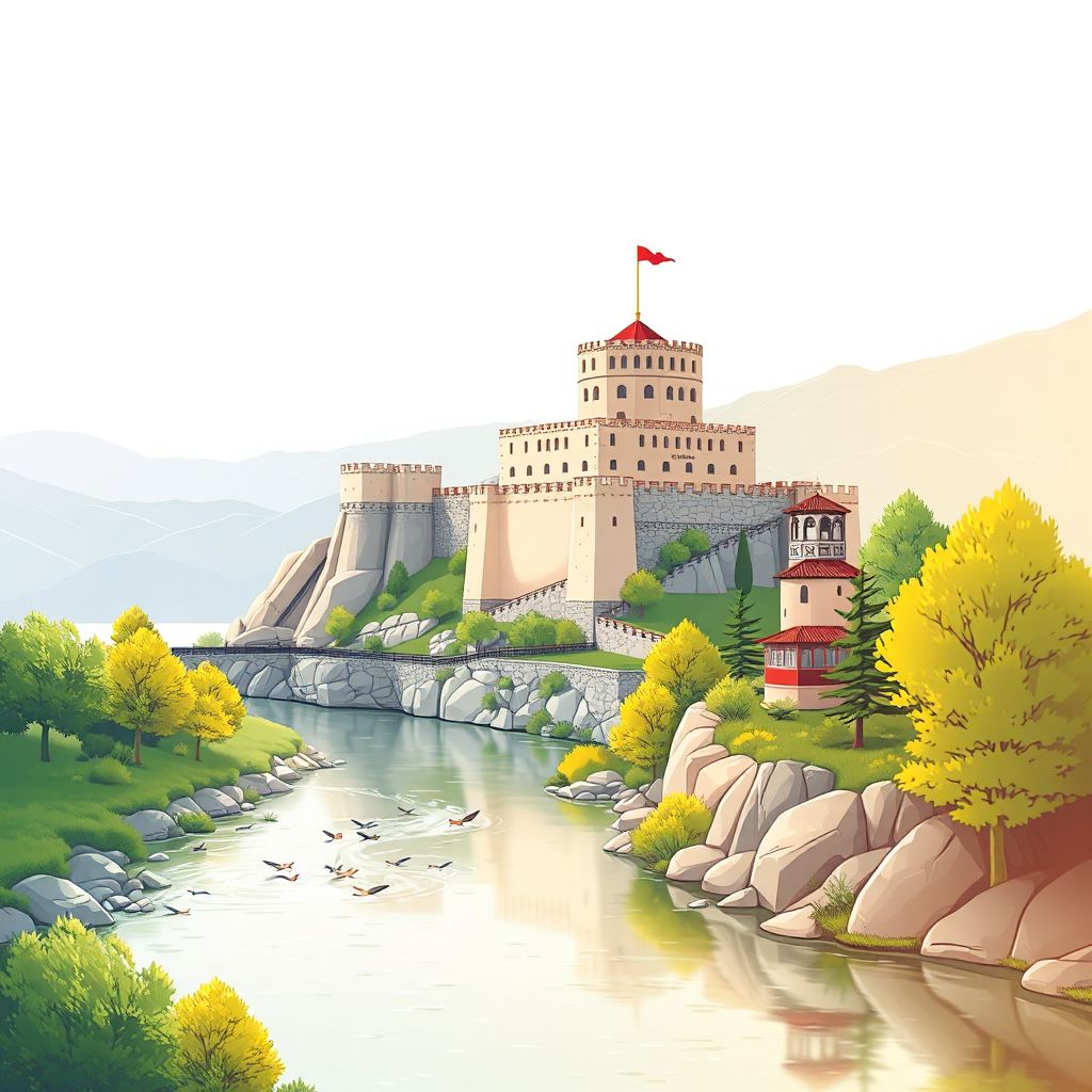 Ultra-high-definition gradient illustration style Bashkia Vau i Dejes illustration, showing the unique charm of the Rozafa Castle and the Drin River.