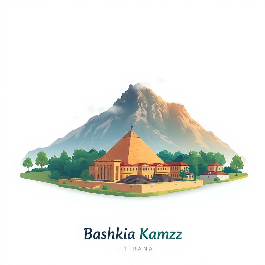 Ultra-high-definition gradient illustration style Bashkia Kamez illustration, showing the unique charm of the Pyramid of Tirana and Dajti Mountain.